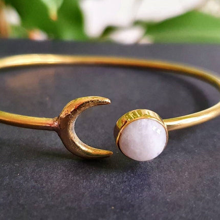 Gold Moon Bracelet / Moonstone / Brass / Bangle / Galaxy / Solar System / Planets / Boho / Adjustable / Hippie / Chic / Sun