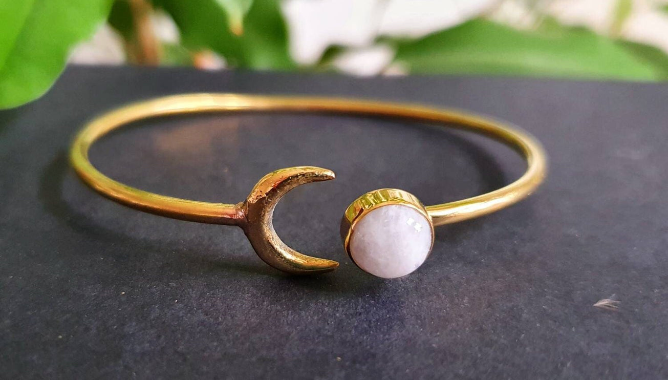 Gold Moon Bracelet / Moonstone / Brass / Bangle / Galaxy / Solar System / Planets / Boho / Adjustable / Hippie / Chic / Sun