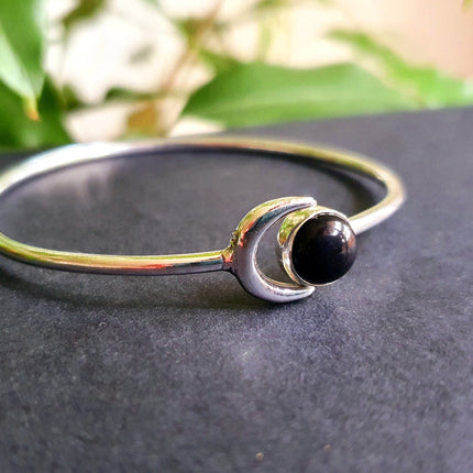 Silver Moon Bracelet / Black Onyx / Bangle / Galaxy / Solar System / Planets / Boho / Adjustable / Hippie / Chic / Sun