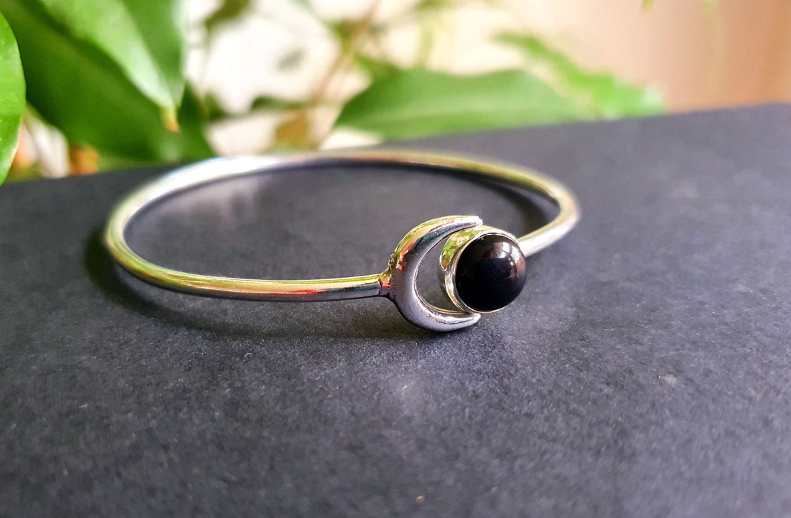 Silver Moon Bracelet / Black Onyx / Bangle / Galaxy / Solar System / Planets / Boho / Adjustable / Hippie / Chic / Sun