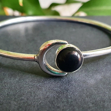 Silver Moon Bracelet / Black Onyx / Bangle / Galaxy / Solar System / Planets / Boho / Adjustable / Hippie / Chic / Sun