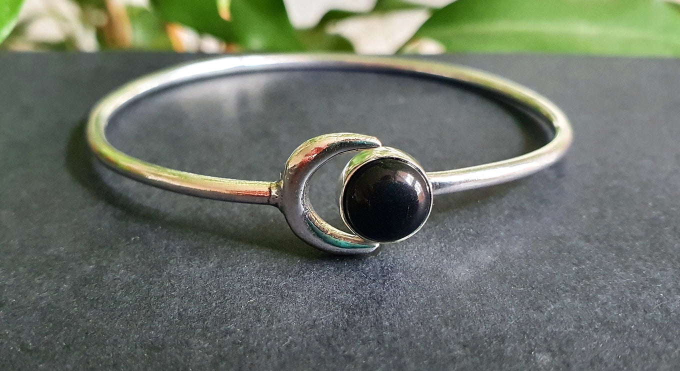 Silver Moon Bracelet / Black Onyx / Bangle / Galaxy / Solar System / Planets / Boho / Adjustable / Hippie / Chic / Sun