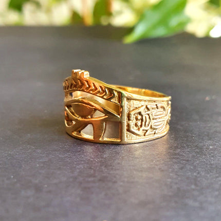 Eye of Horus Gold Ring / Ancient Egypt / Ra / Hieroglyphics / Brass / Ethnic / rustic, yoga, hippie, gypsy, boho, bohemian, festival