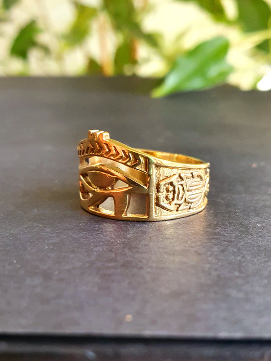 Eye of Horus Gold Ring / Ancient Egypt / Ra / Hieroglyphics / Brass / Ethnic / rustic, yoga, hippie, gypsy, boho, bohemian, festival