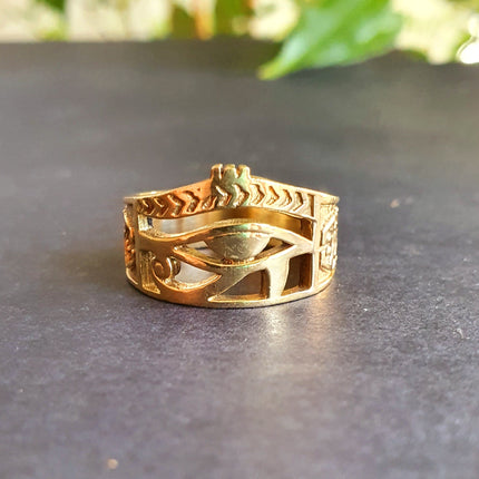 Eye of Horus Gold Ring / Ancient Egypt / Ra / Hieroglyphics / Brass / Ethnic / rustic, yoga, hippie, gypsy, boho, bohemian, festival