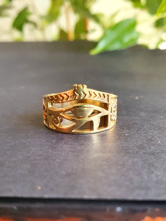 Eye of Horus Gold Ring / Ancient Egypt / Ra / Hieroglyphics / Brass / Ethnic / rustic, yoga, hippie, gypsy, boho, bohemian, festival