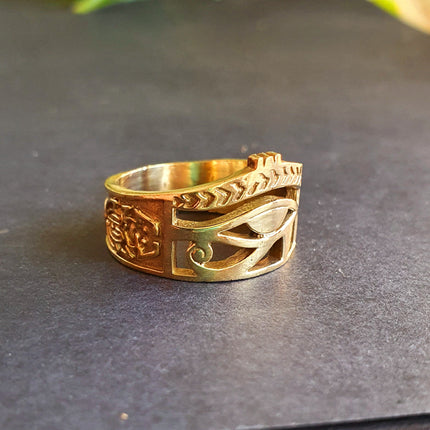 Eye of Horus Gold Ring / Ancient Egypt / Ra / Hieroglyphics / Brass / Ethnic / rustic, yoga, hippie, gypsy, boho, bohemian, festival