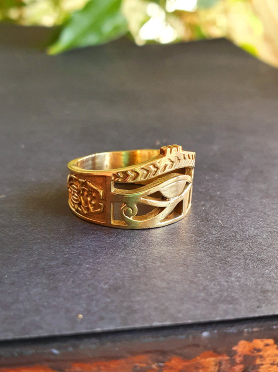 Eye of Horus Gold Ring / Ancient Egypt / Ra / Hieroglyphics / Brass / Ethnic / rustic, yoga, hippie, gypsy, boho, bohemian, festival