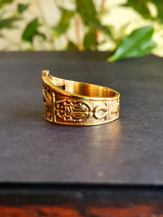 Eye of Horus Gold Ring / Ancient Egypt / Ra / Hieroglyphics / Brass / Ethnic / rustic, yoga, hippie, gypsy, boho, bohemian, festival