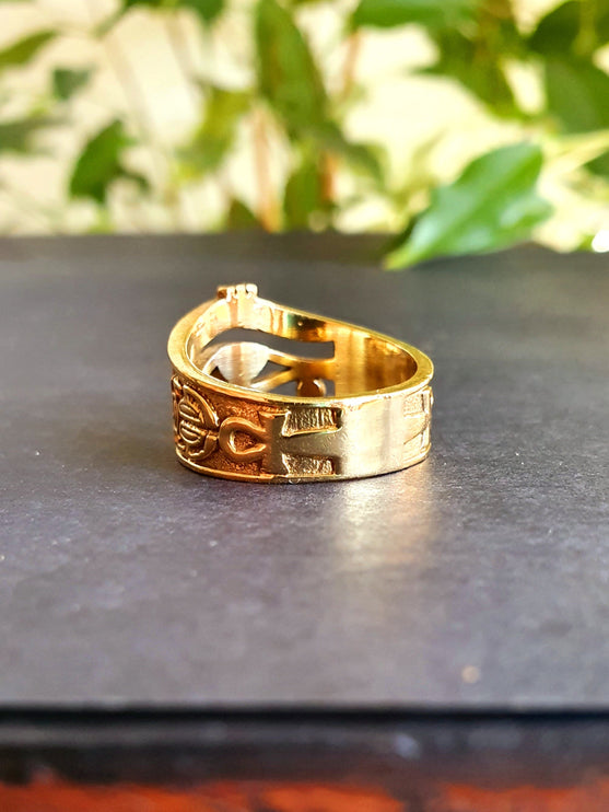 Eye of Horus Gold Ring / Ancient Egypt / Ra / Hieroglyphics / Brass / Ethnic / rustic, yoga, hippie, gypsy, boho, bohemian, festival