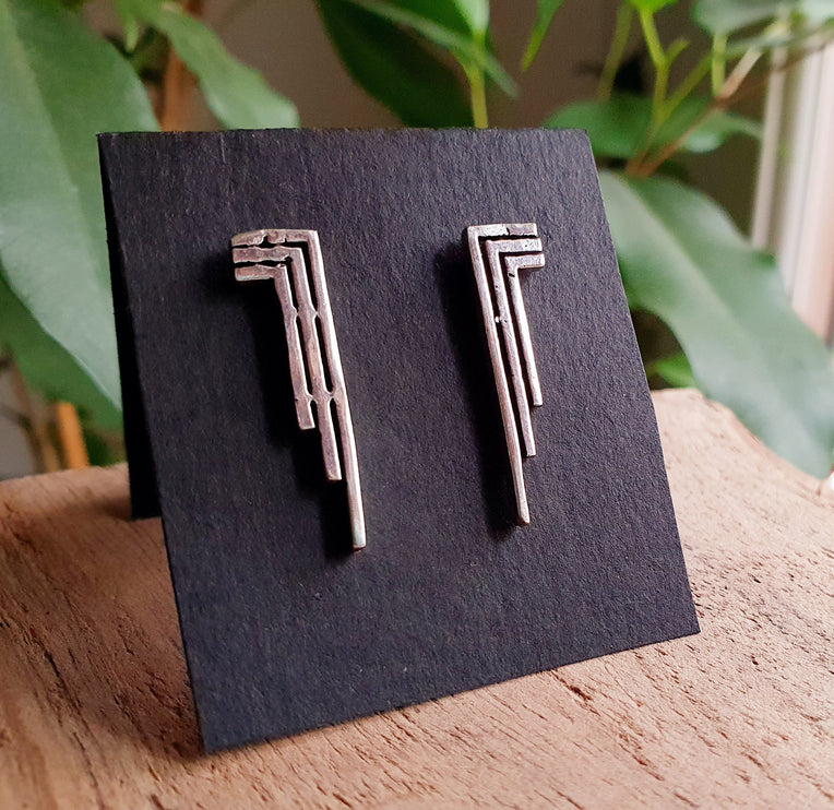 Contemporary Silver Minimalist Stud Earrings / Geometric Chic Ethnic Boho Bohemian Chic Gypsy Spiral Hippie Festival