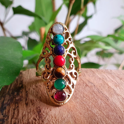 Seven Chakras Ring / 7 Chakras / Gold ring / Brass / Yoga / Reiki / Boho / Hippie / Rustic / Ethnic / Crystals / Third Eye / Illuminati