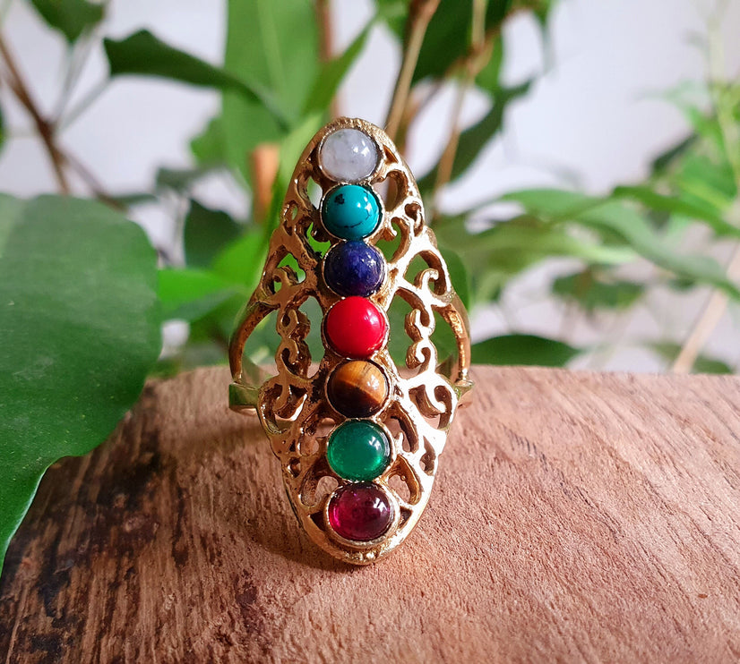 Seven Chakras Ring / 7 Chakras / Gold ring / Brass / Yoga / Reiki / Boho / Hippie / Rustic / Ethnic / Crystals / Third Eye / Illuminati