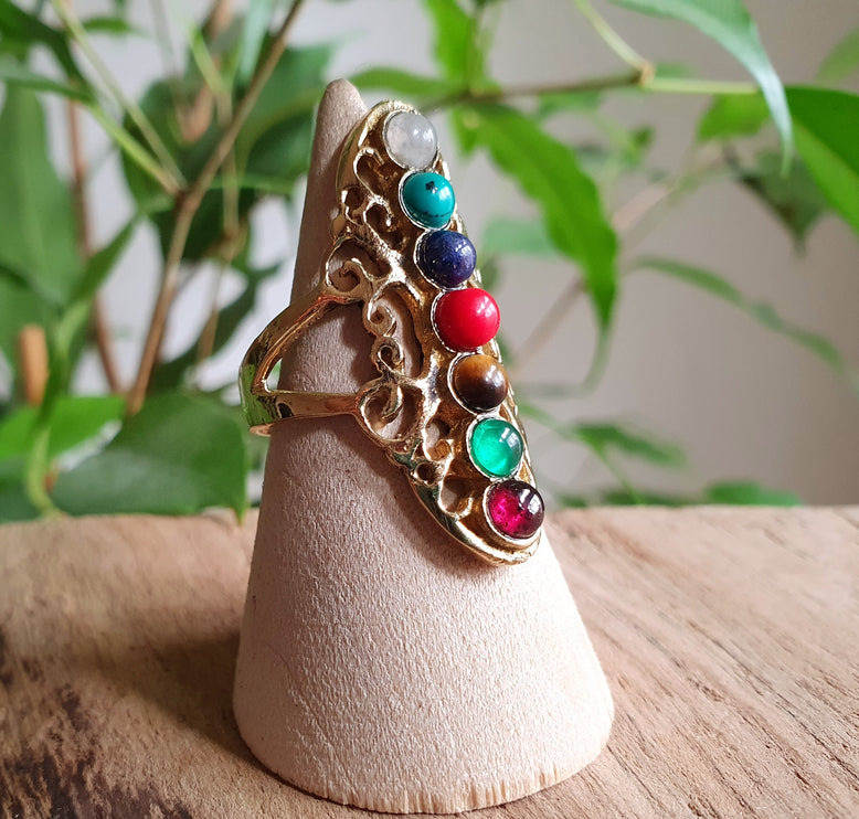 Seven Chakras Ring / 7 Chakras / Gold ring / Brass / Yoga / Reiki / Boho / Hippie / Rustic / Ethnic / Crystals / Third Eye / Illuminati