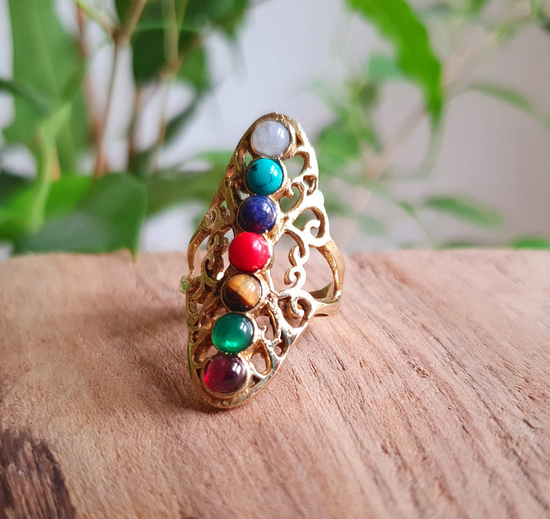 Seven Chakras Ring / 7 Chakras / Gold ring / Brass / Yoga / Reiki / Boho / Hippie / Rustic / Ethnic / Crystals / Third Eye / Illuminati