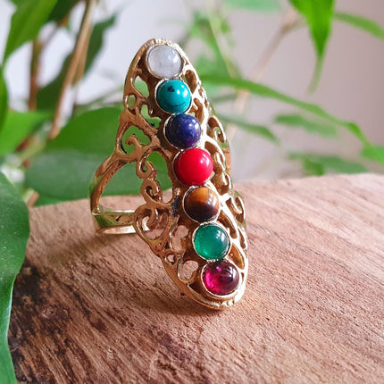 Seven Chakras Ring / 7 Chakras / Gold ring / Brass / Yoga / Reiki / Boho / Hippie / Rustic / Ethnic / Crystals / Third Eye / Illuminati