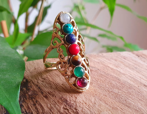 Seven Chakras Ring / 7 Chakras / Gold ring / Brass / Yoga / Reiki / Boho / Hippie / Rustic / Ethnic / Crystals / Third Eye / Illuminati