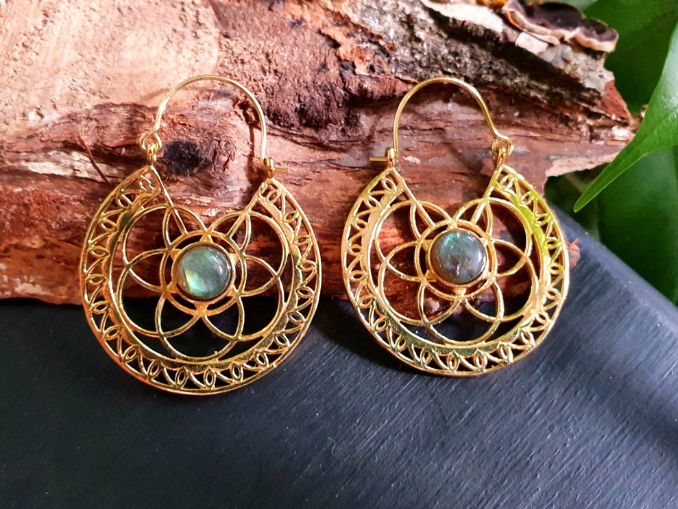 Labradorite & Brass Hoop Earrings Ethnic, rustic, yoga, hippie, gypsy, pretty, psy, boho, bohemian, festival