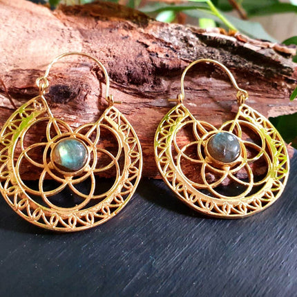Labradorite & Brass Hoop Earrings Ethnic, rustic, yoga, hippie, gypsy, pretty, psy, boho, bohemian, festival