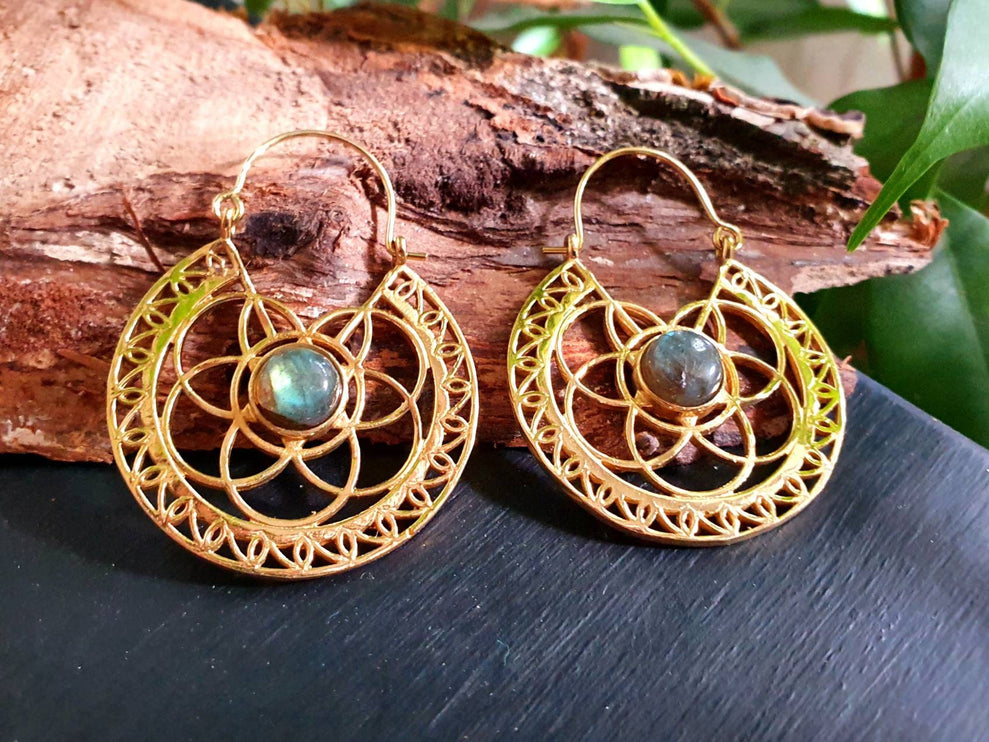 Labradorite & Brass Hoop Earrings Ethnic, rustic, yoga, hippie, gypsy, pretty, psy, boho, bohemian, festival