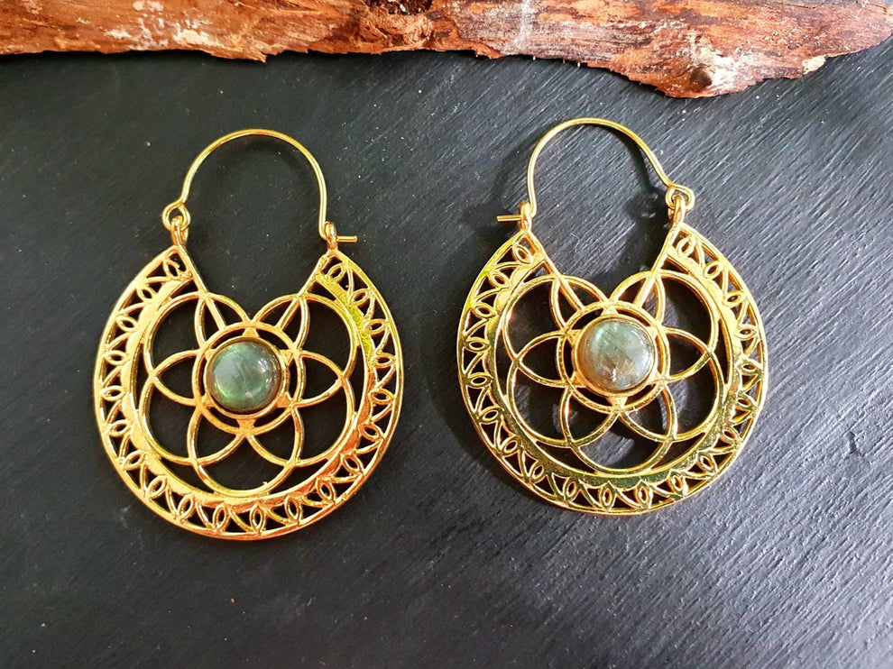 Labradorite & Brass Hoop Earrings Ethnic, rustic, yoga, hippie, gypsy, pretty, psy, boho, bohemian, festival