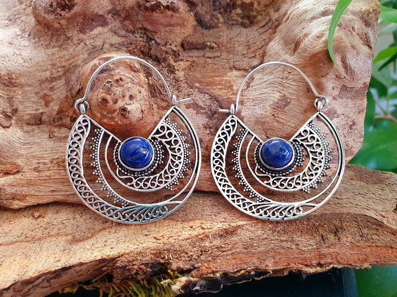 Silver Ethnic Lapis Lazuli Earrings Ethnic, Blue Stone , rustic, yoga, hippie, gypsy, pretty, psy, boho, bohemian, festival