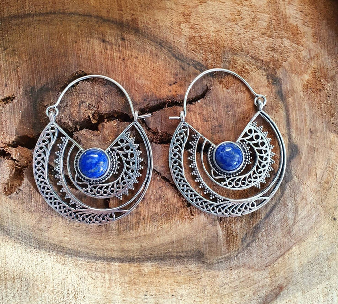 Silver Ethnic Lapis Lazuli Earrings Ethnic, Blue Stone , rustic, yoga, hippie, gypsy, pretty, psy, boho, bohemian, festival