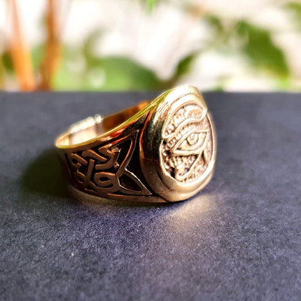 Eye of Horus Gold Ring / Ancient Egypt / Ra / Hieroglyphics / Brass / Ethnic / rustic, yoga, hippie, gypsy, boho, bohemian, festival