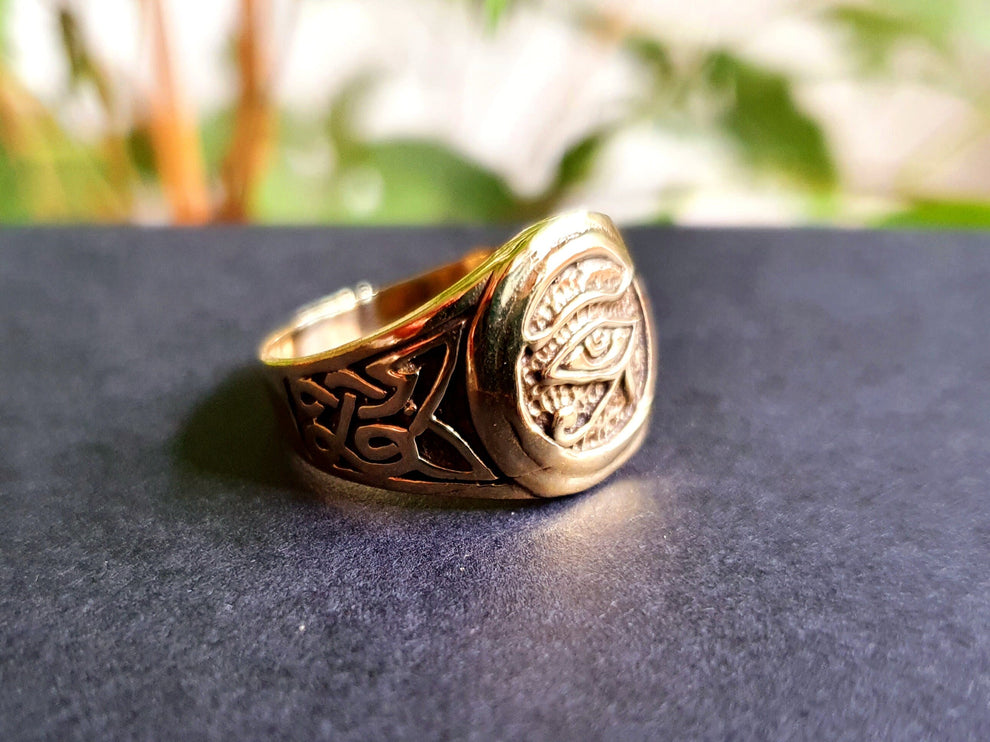 Eye of Horus Gold Ring / Ancient Egypt / Ra / Hieroglyphics / Brass / Ethnic / rustic, yoga, hippie, gypsy, boho, bohemian, festival