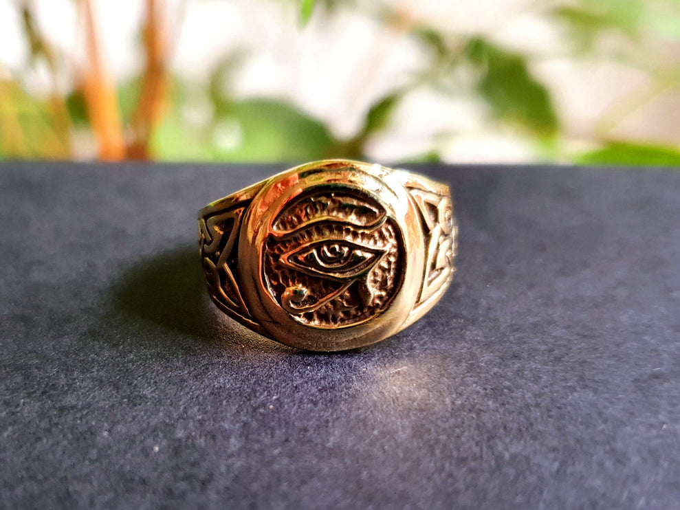 Eye of Horus Gold Ring / Ancient Egypt / Ra / Hieroglyphics / Brass / Ethnic / rustic, yoga, hippie, gypsy, boho, bohemian, festival