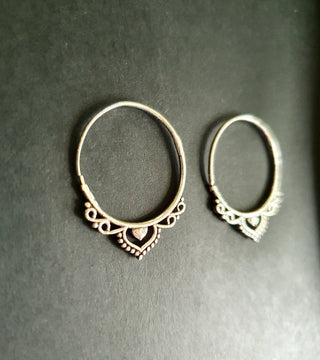 Boho Infinity Silver Hoops, Intricate Details Ethnic Silver Earrings, Pair of Bohemian Hoop Earrings