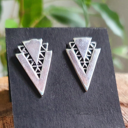 Contemporary Silver Minimalist Triangle Stud Earrings / Geometric Chic Ethnic Boho Bohemian Chic Gypsy Spiral Hippie Festival