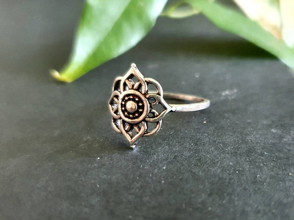 Mandala Flower Silver Ring / Flower Ring / Boho / Ethnic / Rustic / Festival / Tribal / Hippie / Gypsy / Psy / Thumb / Psy