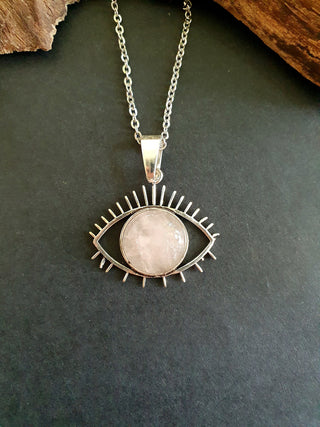 Moonstone Silver Evil Eye Necklace / Stainless Steel Chain / Stone / Ethnic / Hypoallergenic / Third Eye / Illuminati
