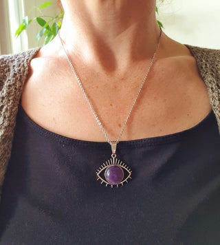 Silver Evil Eye Necklace / Amethyst / Stainless Steel Chain / Stone / Ethnic / Hypoallergenic / Third Eye / Illuminati