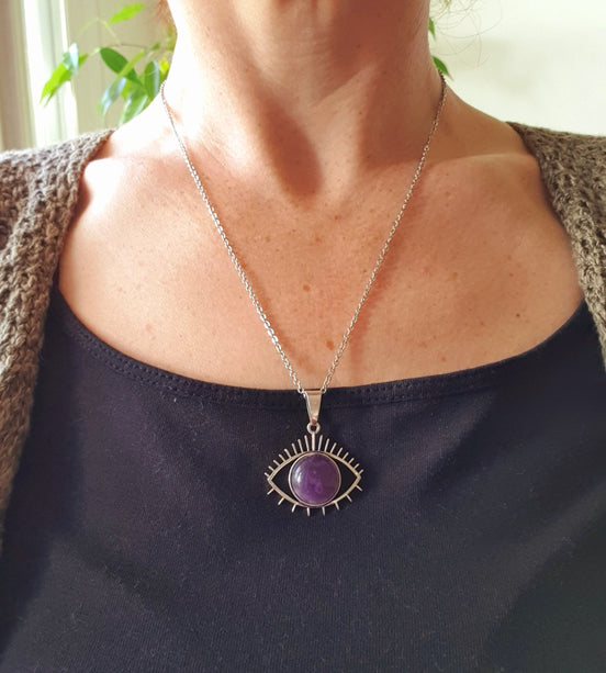 Silver Evil Eye Necklace / Amethyst / Stainless Steel Chain / Stone / Ethnic / Hypoallergenic / Third Eye / Illuminati