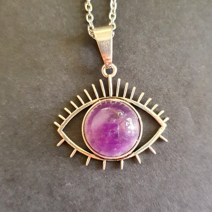 Silver Evil Eye Necklace / Amethyst / Stainless Steel Chain / Stone / Ethnic / Hypoallergenic / Third Eye / Illuminati