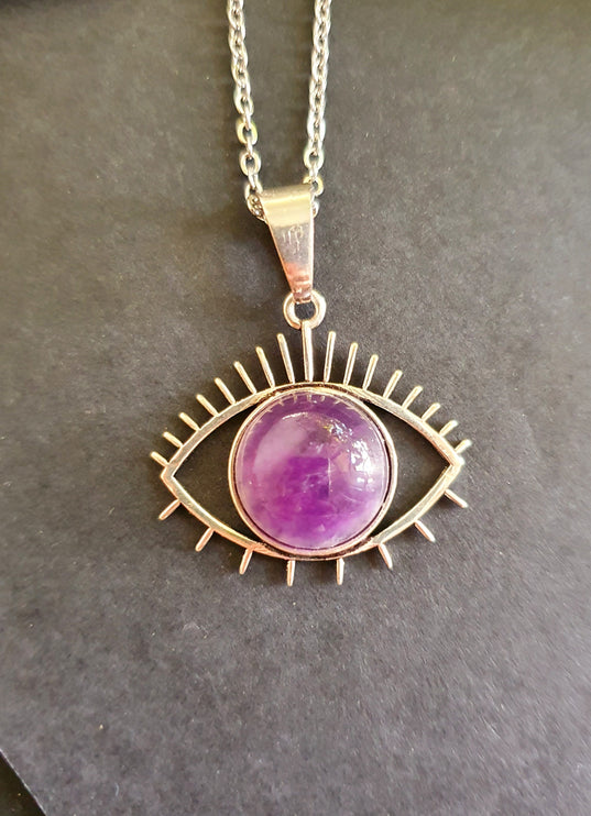 Silver Evil Eye Necklace / Amethyst / Stainless Steel Chain / Stone / Ethnic / Hypoallergenic / Third Eye / Illuminati