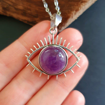 Silver Evil Eye Necklace / Amethyst / Stainless Steel Chain / Stone / Ethnic / Hypoallergenic / Third Eye / Illuminati