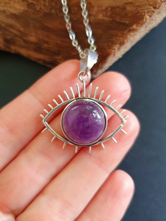 Silver Evil Eye Necklace / Amethyst / Stainless Steel Chain / Stone / Ethnic / Hypoallergenic / Third Eye / Illuminati