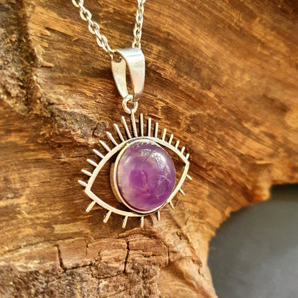 Silver Evil Eye Necklace / Amethyst / Stainless Steel Chain / Stone / Ethnic / Hypoallergenic / Third Eye / Illuminati