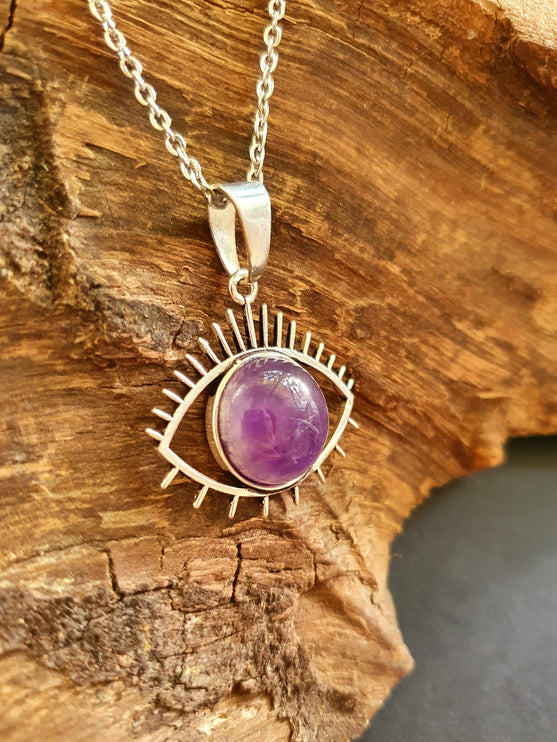 Silver Evil Eye Necklace / Amethyst / Stainless Steel Chain / Stone / Ethnic / Hypoallergenic / Third Eye / Illuminati