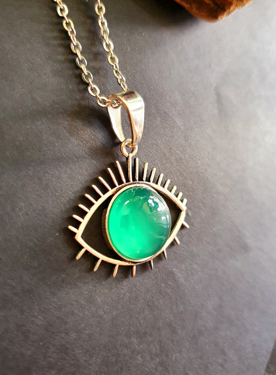 Silver Evil Eye Necklace / Green Onyx / Stainless Steel Chain / Stone / Ethnic / Hypoallergenic / Third Eye / Illuminati