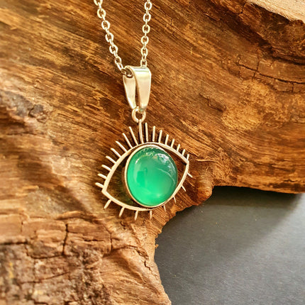Silver Evil Eye Necklace / Green Onyx / Stainless Steel Chain / Stone / Ethnic / Hypoallergenic / Third Eye / Illuminati