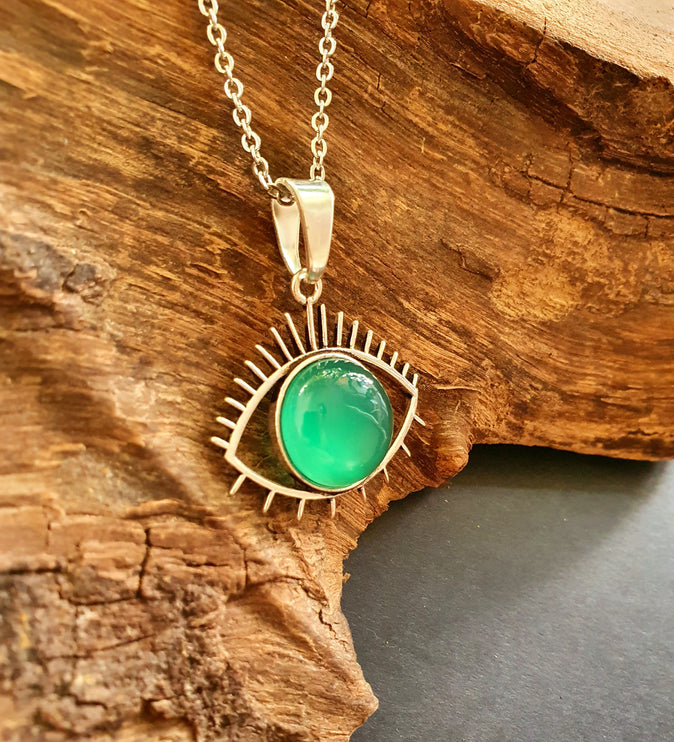 Silver Evil Eye Necklace / Green Onyx / Stainless Steel Chain / Stone / Ethnic / Hypoallergenic / Third Eye / Illuminati