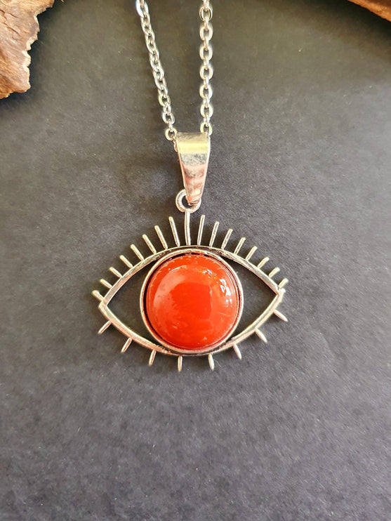 Silver Evil Eye Necklace / Cornelian / Stainless Steel Chain / Stone / Ethnic / Hypoallergenic / Third Eye / Illuminati