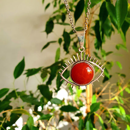 Silver Evil Eye Necklace / Cornelian / Stainless Steel Chain / Stone / Ethnic / Hypoallergenic / Third Eye / Illuminati