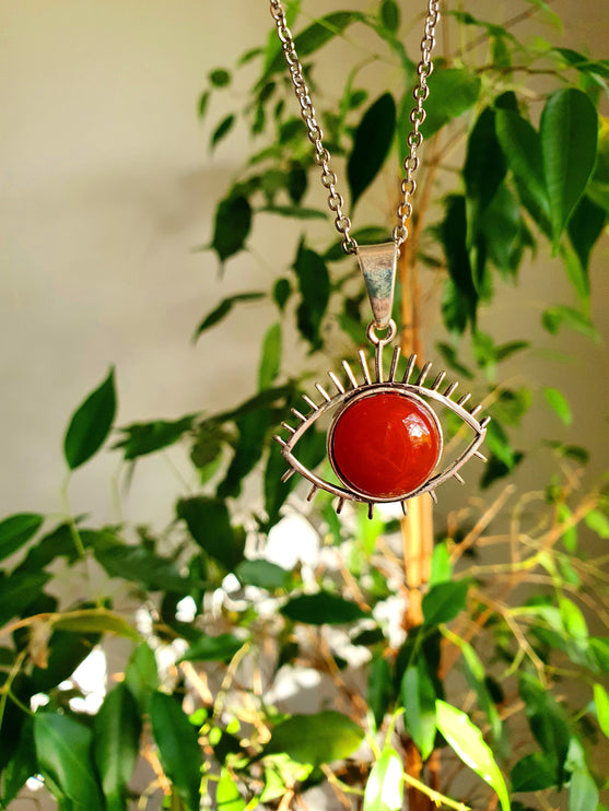 Silver Evil Eye Necklace / Cornelian / Stainless Steel Chain / Stone / Ethnic / Hypoallergenic / Third Eye / Illuminati