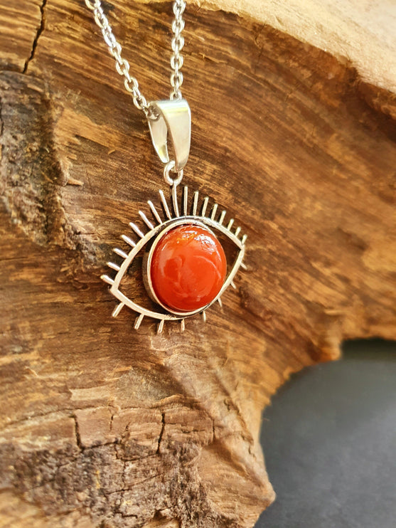 Silver Evil Eye Necklace / Cornelian / Stainless Steel Chain / Stone / Ethnic / Hypoallergenic / Third Eye / Illuminati