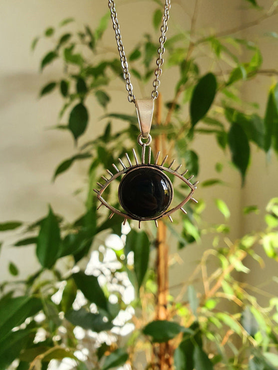 Silver Evil Eye Necklace / Black Onyx / Stainless Steel Chain / Stone / Ethnic / Hypoallergenic / Third Eye / Illuminati